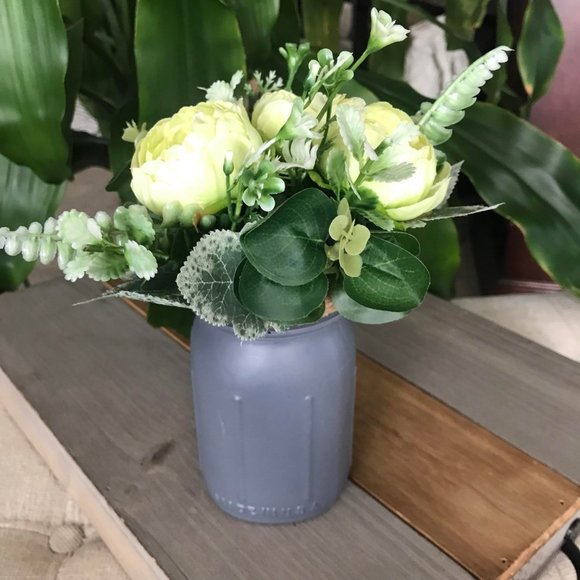 Handmade Light Green Floral Arrangement in Charcoal Gray Ball Mason Jar - Picture 5 of 7